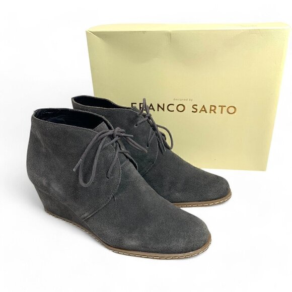 Franco Sarto Wedge Heel Shooties Gray Suede Leather Size 9 Ankle Boots 2.5" Heel - Picture 1 of 8